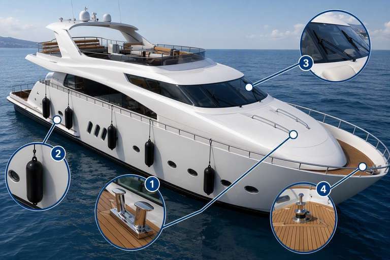 Yacht con dettagli di accessori, parabordi, vetrate e rivestimento della coperta